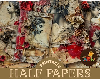 Puede incluir: Doce papeles digitales imprimibles con imágenes de estilo vintage de mujeres con rosas rojas y fondos texturizados. Los papeles están diseñados para scrapbooking, creación de tarjetas y otras manualidades de papel. Los papeles son de tamaño A5 (aproximadamente 5,5 x 8,5 pulgadas).