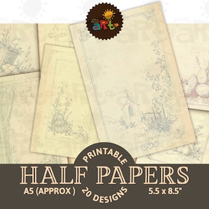 May include: Printable vintage-style half sheets of paper with various Easter-themed illustrations, including a church, a basket of eggs, and a cross. The papers are cream-colored with black and gray illustrations. The text on the image reads "Printable Half Papers A5 (Approx) 20 Designs 5.5 x 8.5"
