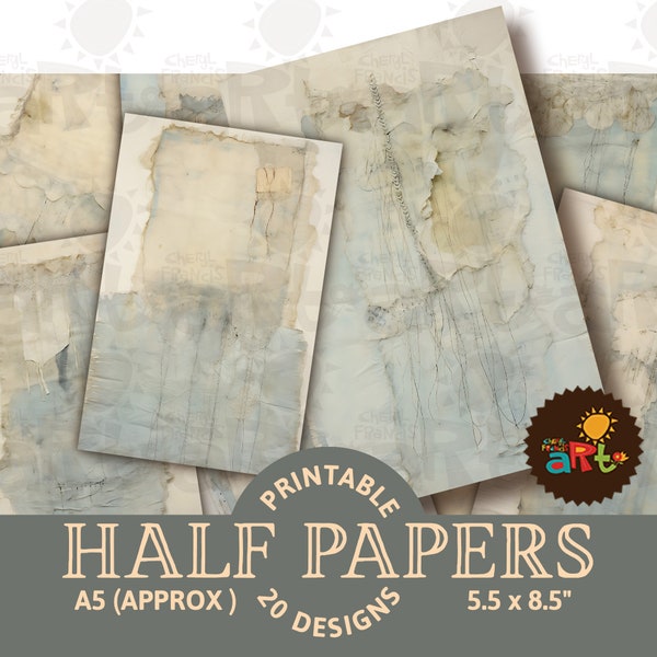Junk Journal Half Page Printable Pale Blue Mixed Media Fiber Collage Scrapbook Card Digital Kit Book Background For Craft ATC Decoupage