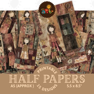Diario basura, medio papel, muñeca de papel de niña caprichosa, fondo para el hogar, álbum de recortes imprimible, tarjeta digital, libro de manualidades, joyería, decoupage, collage