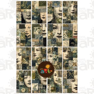 May include: A collage sheet featuring sixteen rectangular panels with mixed media art. Each panel displays fragmented human faces combined with vintage floral patterns, script handwriting, and textured paper elements in shades of blue, green, and cream.