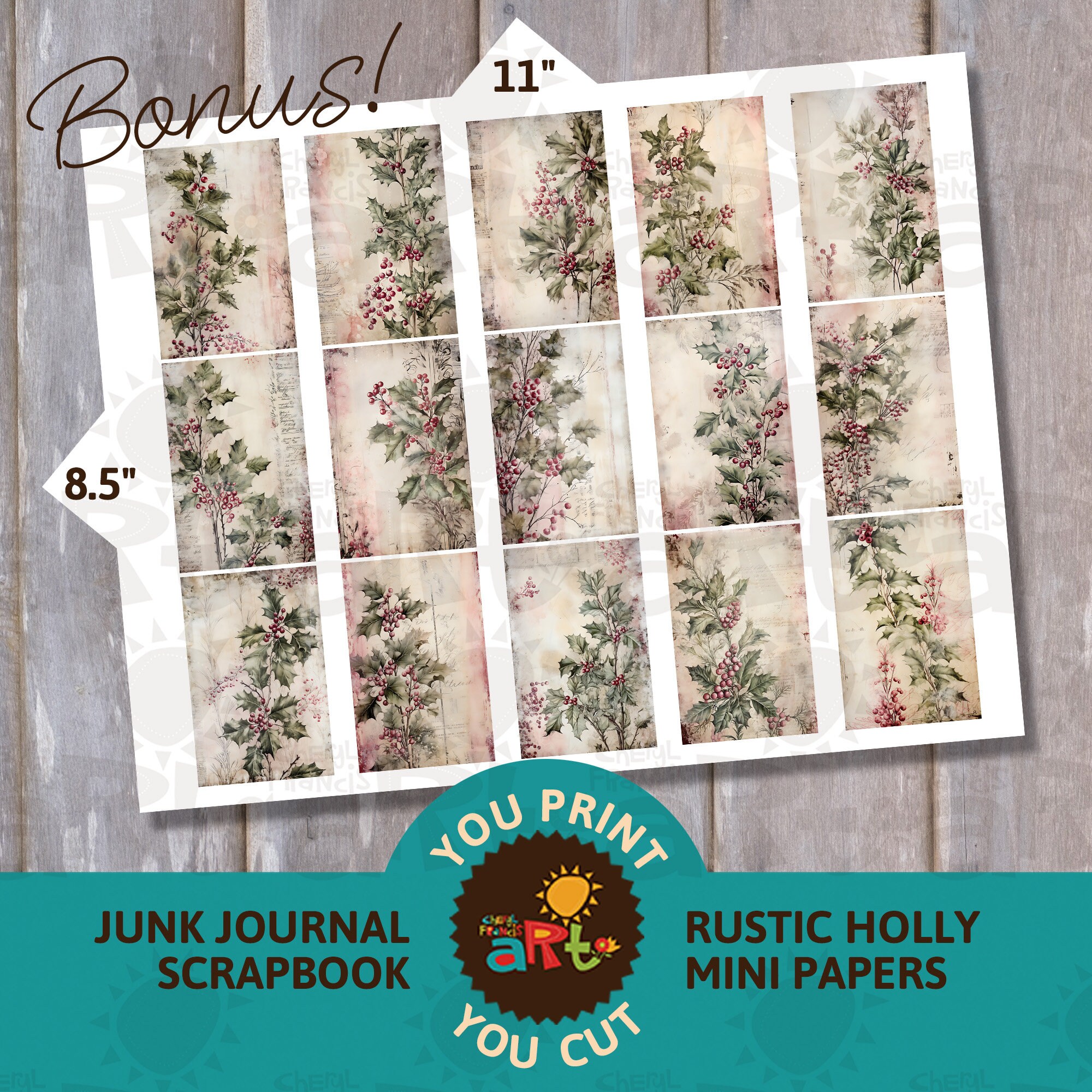 Rustic Christmas Holly Printable Junk Journal Half Papers, Scrapbook ...