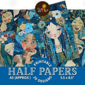 Diario di scarto, mezza pagina, stampabile, dea dell'acqua, patchwork, collage di fibre, album di ritagli, kit digitale, libro, sfondo per artigianato, decoupage ATC