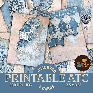 Verouderd afbrokkelend blauw patroon ATC-afdrukbare kunstenaarsruilkaarten ongewenste dagboek plakboek Tag achtergrond ambachtelijke versiering collage versiering