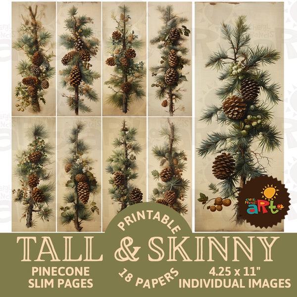 Nature Inspired Christmas Pine Bough with Pinecones Printable Tall Slim Junk Journal Papers for Books, Crafts, Scrapbooking, Collage, Kit