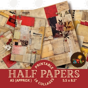 Vintage Papiercollage mit roten Akzenten Printable Junk Journal Halbes Papier, Scrapbook Ressource, Digital Paper Kit, Karte, Handwerk, Buch Ephemera