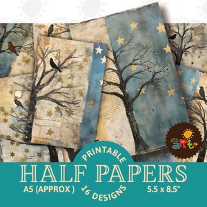 Uccello in un albero notturno con stelle dipinto collage di carta stampabile Junk Journal Half Papers, Scrapbook, Card Digital Paper Kit