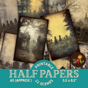 Eerie Cemetery, Graveyard: Early Photography Style Printable Junk Journal Half Papers, Scrapbook image, Grimoire Decoration