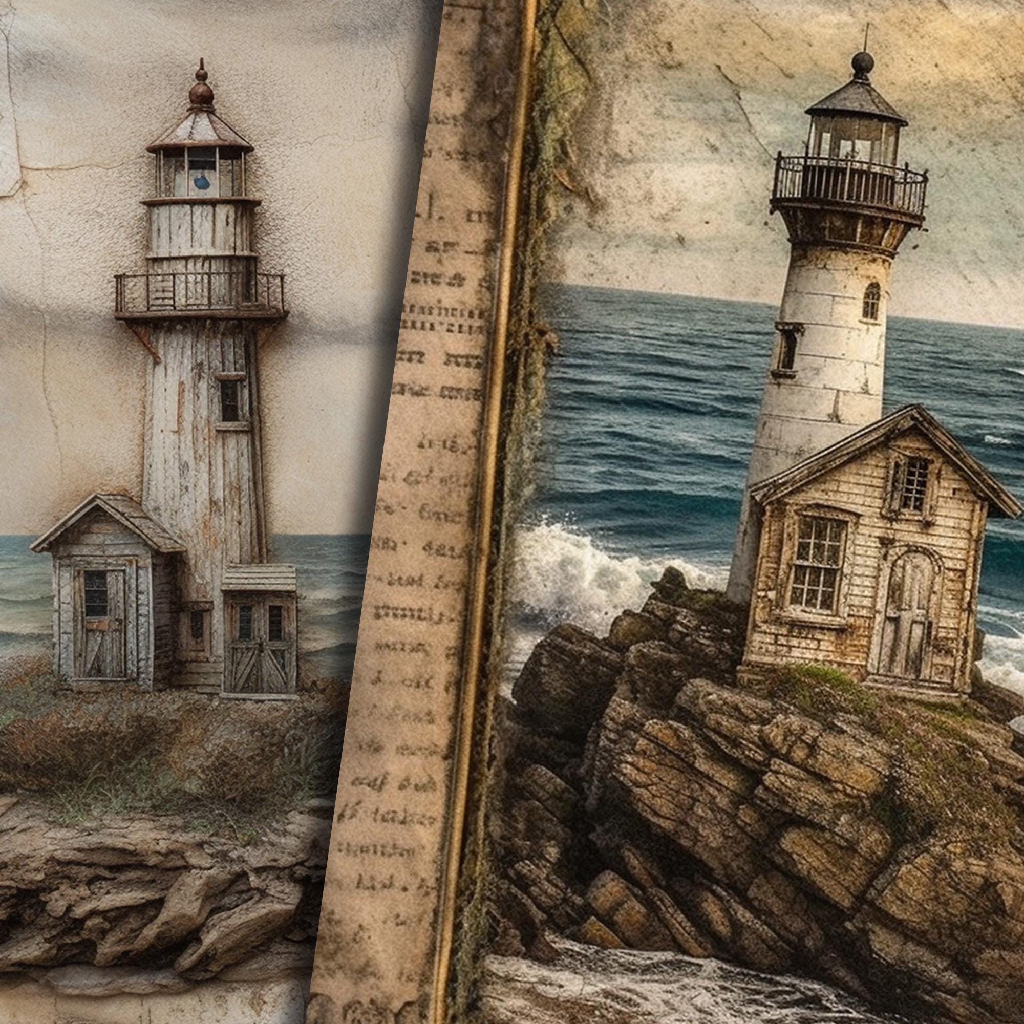 12 Mixed Media Lighthouse Paper Collage Printable Junk Journal Half ...