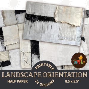 Collage in bianco e nero a strati, stampabile, diario spazzatura, orizzontale, mezza carta, kit digitale, artigianato, decoupage, pagine del libro, sfondo per album