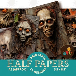Collage de papel de terror de Halloween bastante aterrador para imprimir en papel para diario basura, álbum de recortes, kit de papel digital para tarjetas, manualidades, página de libro