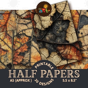 May include: Printable digital paper pack featuring 30 designs of autumn leaves with a cracked, textured appearance in shades of brown, orange, and yellow. The papers are A5 size (approximately 5.5 inches by 8.5 inches).