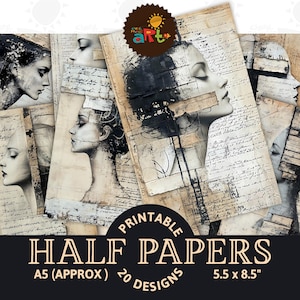 Profiel meisje collage met handschrift Afdrukbare ongewenste dagboekpagina Leeg midden Half papier Digitaal plakboek Ambacht Gemengde techniek Kaart Decoupage