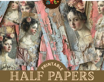 May include: Printable half papers featuring vintage portraits of women. The papers are A5 size (approximate) and measure 5.5 x 8.5 inches. The design includes distressed wood textures in shades of pink, blue, and gray, with the text "Printable Half Papers" and "20 Designs".