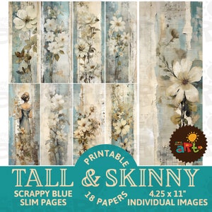 Scrappy Blues Collage Printable Tall Slim Junk Journal Papers for Book Making, Crafting, and Scrapbooking, Digital Paper Kit