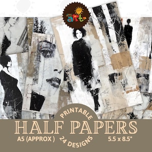 Op de afbeelding: Een verzameling bedrukbare halve vellen papier met abstracte kunst in zwart, wit en beige tinten. De ontwerpen omvatten vrouwelijke figuren, gezichten en getextureerde achtergronden. De papieren zijn A5-formaat (ongeveer) en meten 14 x 21,6 cm. De tekst "Printable Half Papers" is inbegrepen.