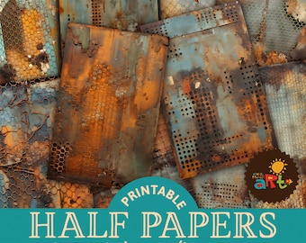 May include: Printable digital paper pack with 20 rusty metal textures in A5 size (approximately 14 x 21.5 cm). The papers feature a variety of rusty metal textures with a blue and orange colour scheme.