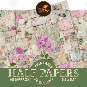 May include: A collection of printable half papers with a vintage aesthetic. The papers feature aged textures, handwritten script, postage stamps, and floral accents. The papers are A5 size (approx.) and measure 5.5 x 8.5 inches. The design includes 18 different designs.