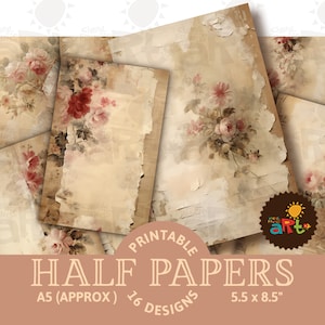 Carta per diario strappata, shabby floreale, collage di rose e panna, stampabile, mezza carta, risorsa per album, kit di carta digitale, biglietti floreali, arte del libro