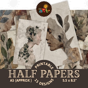 Op de afbeelding: Printbare halve papieren met artistieke portretten en botanische elementen. De papieren zijn A5-formaat, ongeveer 14 x 21,6 cm, met 15 ontwerpen. De afbeelding toont een collage van de papieren met een neutraal kleurenpalet.