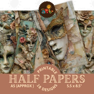 Shabby Maskerade Venezianische Maske Printable Junk Journal Halb Papier Ephemera Scrapbook Digital Kit Buch Seite Hintergrund Decoupage Handwerk Kunst