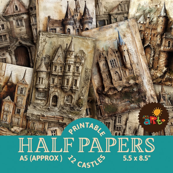 Castle Ruins Junk Journal Printable Half Papers, Journal Scrapbook Supply