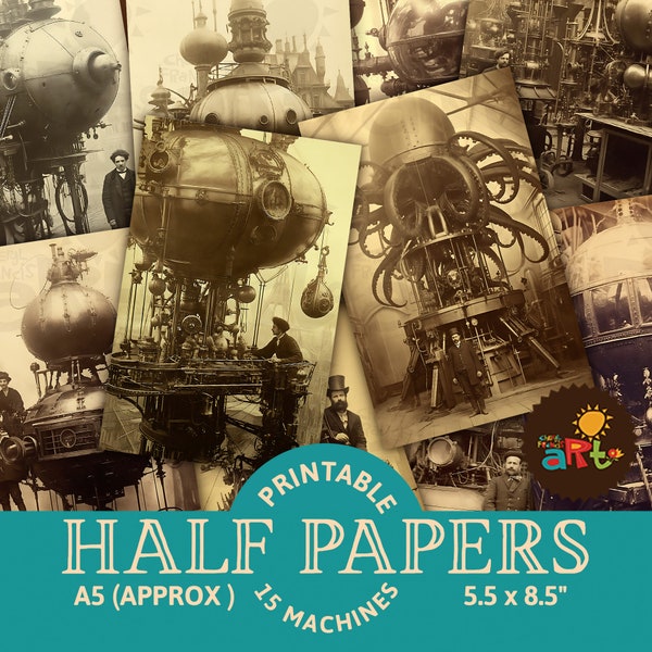 Steampunk Machines Antique Photo Men Portraits Printable Junk Journal Half Papers, Scrapbook Resource