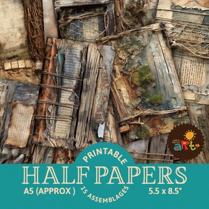 15 rustykalnych kolaży z papieru do druku Junk Journal Half Papers