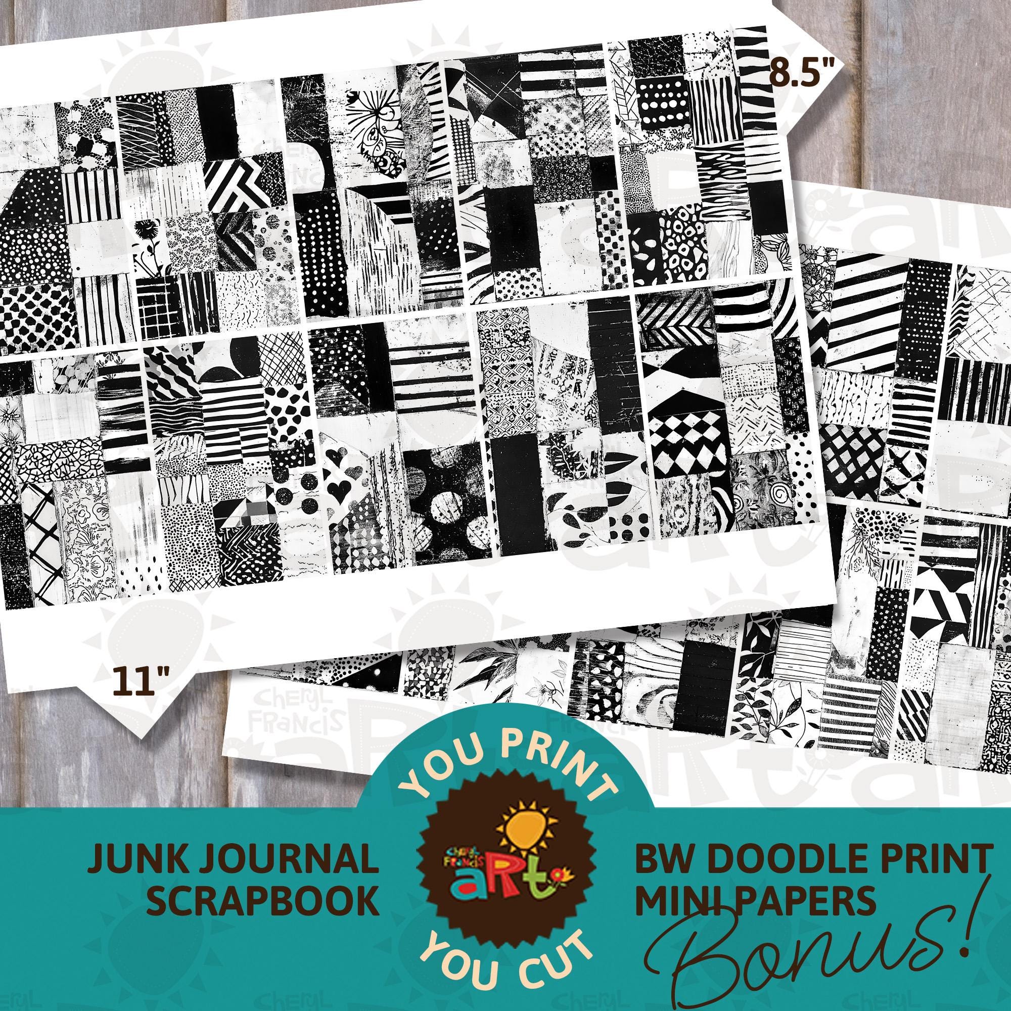 Doodle Block Print Black and White Junk Journal Half Page Printable ...