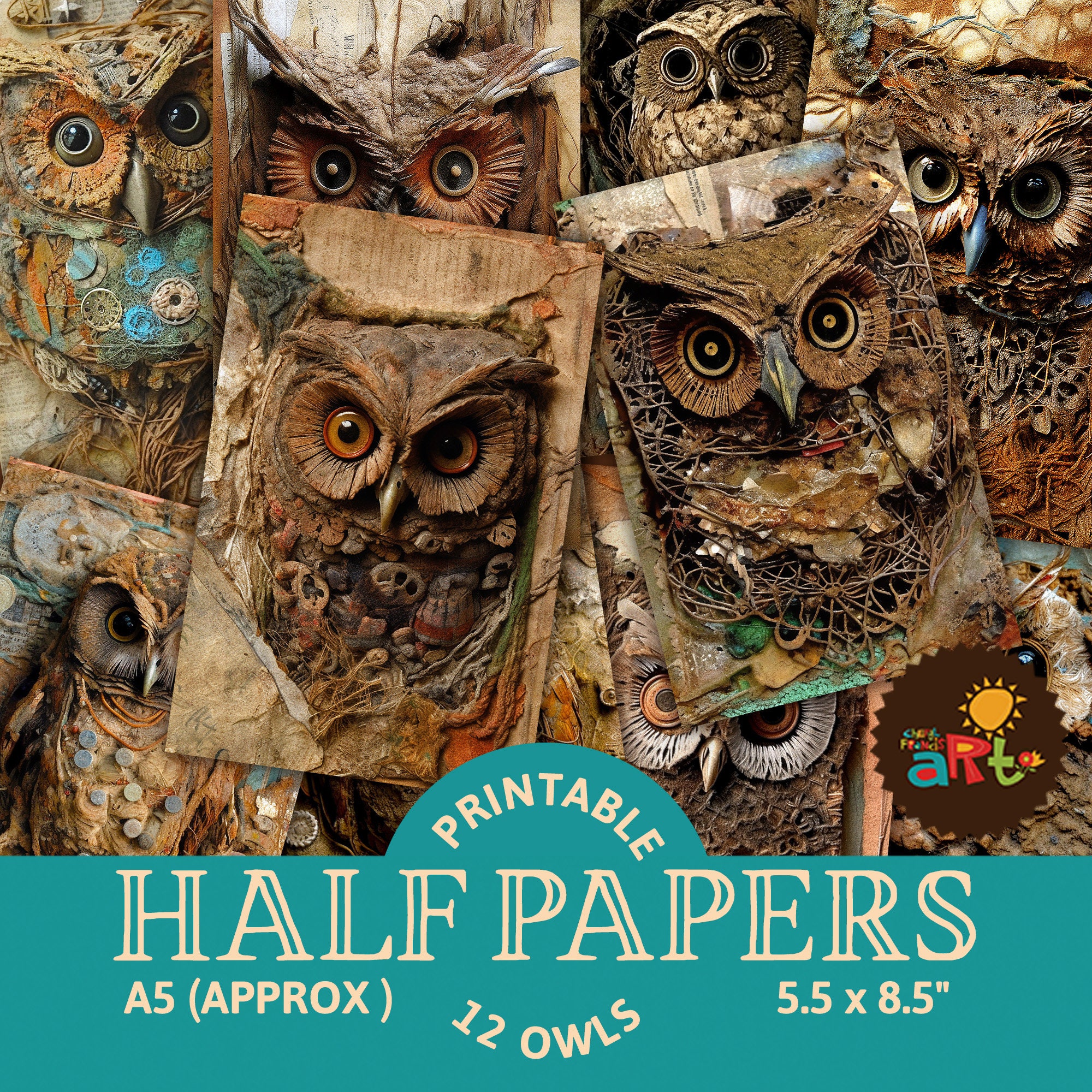 Forest Scrap Owl, Printable Junk Journal Half Papers