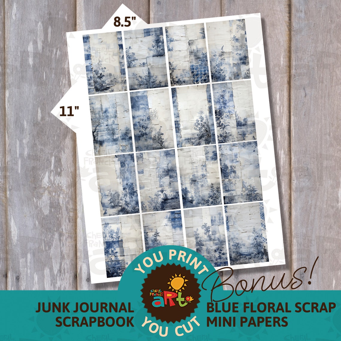 Blue and White Floral Scraps, Printable Junk Journal Half Paper ...