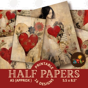 Ingericht Loving Heart Collage Afdrukbare Junk Journal Half Papers, plakboek, digitale papierset, kaart, boek, ambacht, decoupage, sieraden