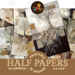 Op de afbeelding: Een verzameling bedrukbare halve vellen papier met een boom- en wortelontwerp. De papieren zijn A5-formaat, ongeveer 14 x 21,6 cm, en hebben een textuur, artistieke uitstraling met neutrale tinten. De afbeelding bevat de tekst "Printable Half Papers" en "20 Designs."