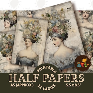 Garden Party Hat Victorien Lady Portrait Collage imprimable Junk Journal demi-papiers, page de scrapbooking, pour cartes, travaux manuels, fabrication de livres, numérique