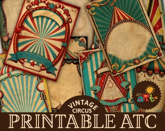 Può includere: Nove carte ATC stampabili a tema circense vintage con schemi di colori rosso, bianco e blu. Le carte presentano una varietà di disegni, tra cui tende a strisce, stelle e uno stendardo che recita "Vintage Circus".