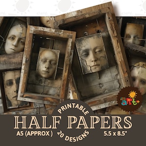 Face Assemblage in a Box collage afdrukbare junk journal half papers, plakboek, digitale kit, kaarten, boekpagina's, achtergrond, decoupage, ambacht