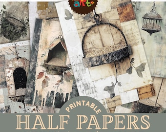 May include: A collection of printable half papers with a vintage aesthetic. The papers feature illustrations of bird feeders, leaves, and script on a textured background. The papers are approximately 5.5 x 8.5 inches in size, with 24 designs.