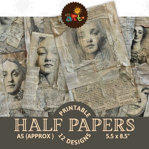 Bedruckte Seite Ephemera Collage mit Portrait Printable Junk Journal Halbe Seite Collage Scrapbook Craft Card Decoupage Buch Resin Arts