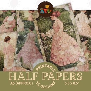 Portrait de femme en robe rose dans le jardin collage imprimable indésirable journal demi-papier Scrapbooking livre numérique page arrière-plan découpage artisanat