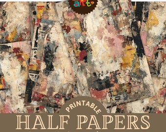 May include: Printable half papers with abstract art designs. The papers feature a collage of colors including white, pink, yellow, and black. The papers are A5 size, approximately 5.5 x 8.5 inches, with 30 designs.