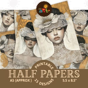 Retrato de dama con accesorios de encaje blanco, imprimible, diario basura, álbum de recortes de medio papel, página de libro digital, fondo dorado, decoupage, artesanía, arte