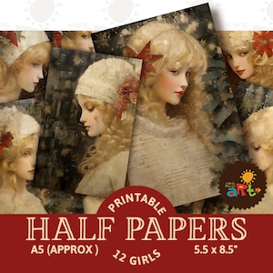 Collage de retrato navideño de una niña rubia para imprimir en papel, páginas de álbumes de recortes, tarjetas, manualidades, arte de páginas de libros, decoupage