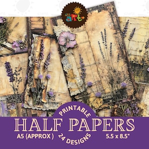 Floral roxo com marrom em efêmera Junk Journal Meio papel para impressão Colagem, Scrapbook, Kit digital, Cartão, Livro, Fundo Joias Arte