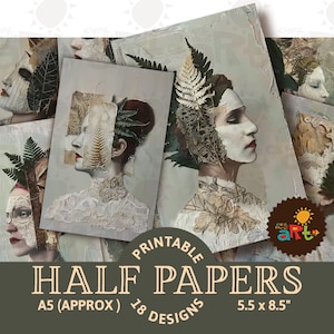 Portrait de masque de profil avec collage de feuilles Journal imprimable indésirable demi-papier Scrapbooking livre numérique arrière-plan découpage artisanat collage