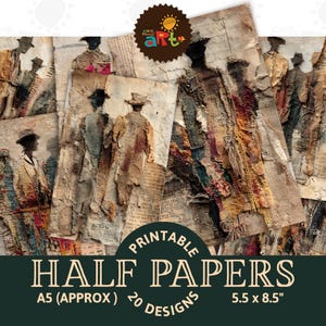 Peut inclure: Ensemble de papiers demi-format imprimables avec des illustrations vintage de personnages en chapeaux et manteaux. Les papiers ont un aspect texturé et vieilli avec du texte visible et des bords déchirés. Les papiers mesurent environ 14 x 21,6 cm.