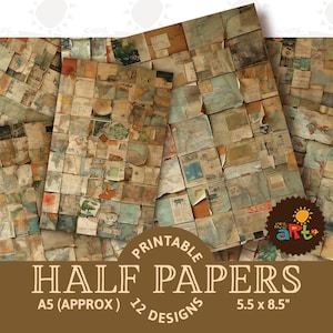 Puede incluir: Papeles imprimibles a media carta con un diseño de mapa vintage. Los papeles son de tamaño A5, aproximadamente 14 x 22 cm, y presentan 12 diseños diferentes. Los papeles tienen una apariencia de collage con varios fragmentos de mapas.