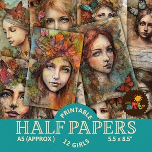 Papillon fée fille portrait collage imprimable Junk Journal demi-papiers, album d'art