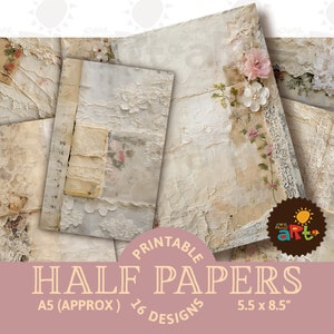 Pizzo grazioso con mini fiori, rose, carta da giornale spazzatura stampabile mezza, risorsa per album, kit di carta digitale, biglietti, artigianato, creazione di libri