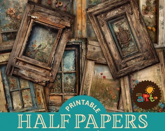 May include: Twelve printable digital papers featuring vintage-style windows with distressed wood frames and floral designs. The papers are approximately A5 size (5.5 x 8.5 inches).
