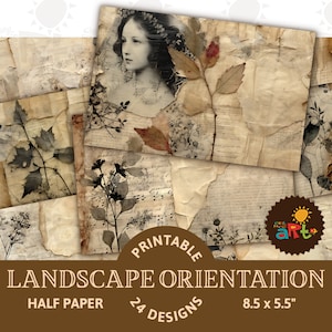 Papéis vintage com elementos naturais para impressão, papel horizontal de meio diário, kit digital para artesanato, criação de livros, scrapbook, plano de fundo